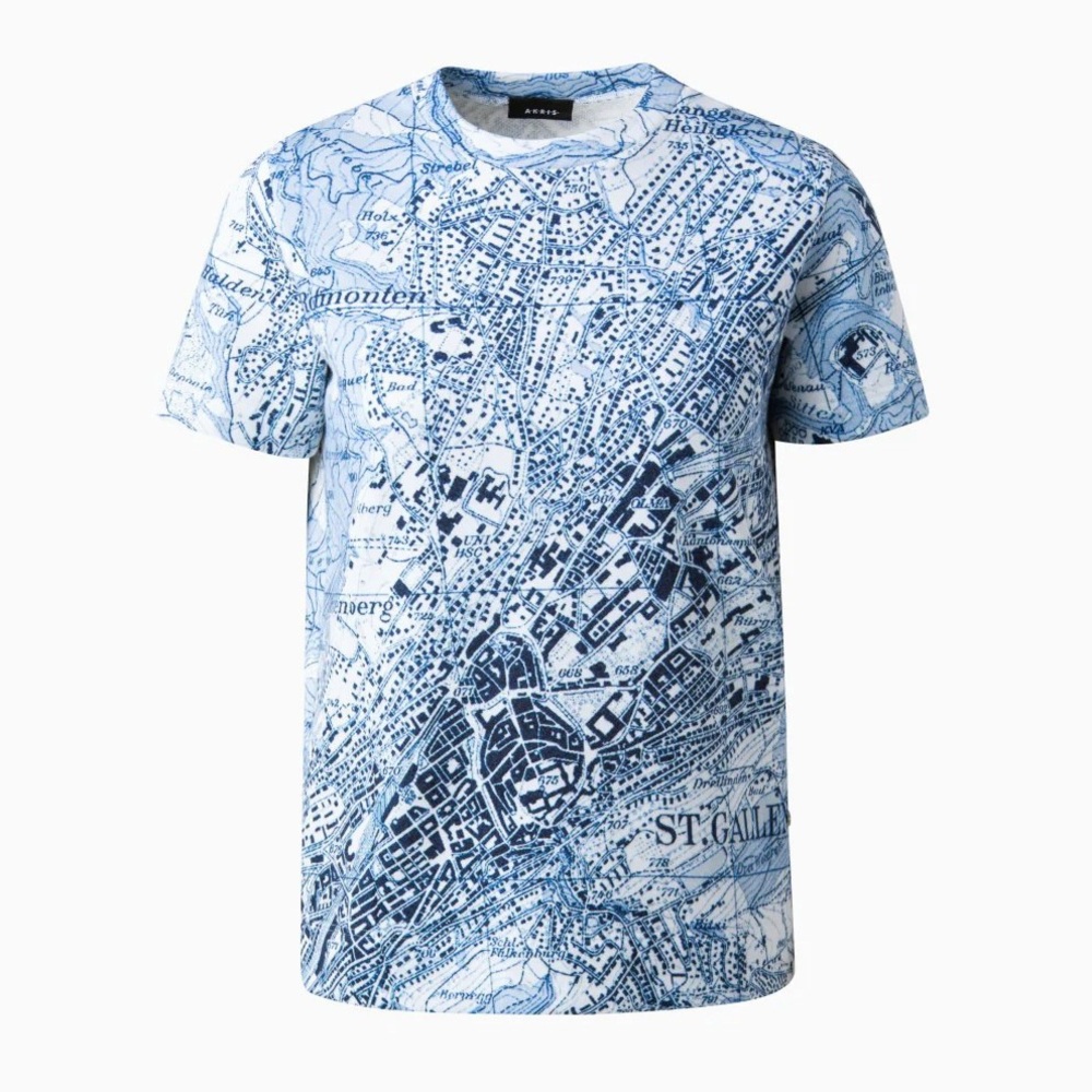 Akris St. Gallen Map Print T Shirt Tee Top Blue White Cotton Jersey 4